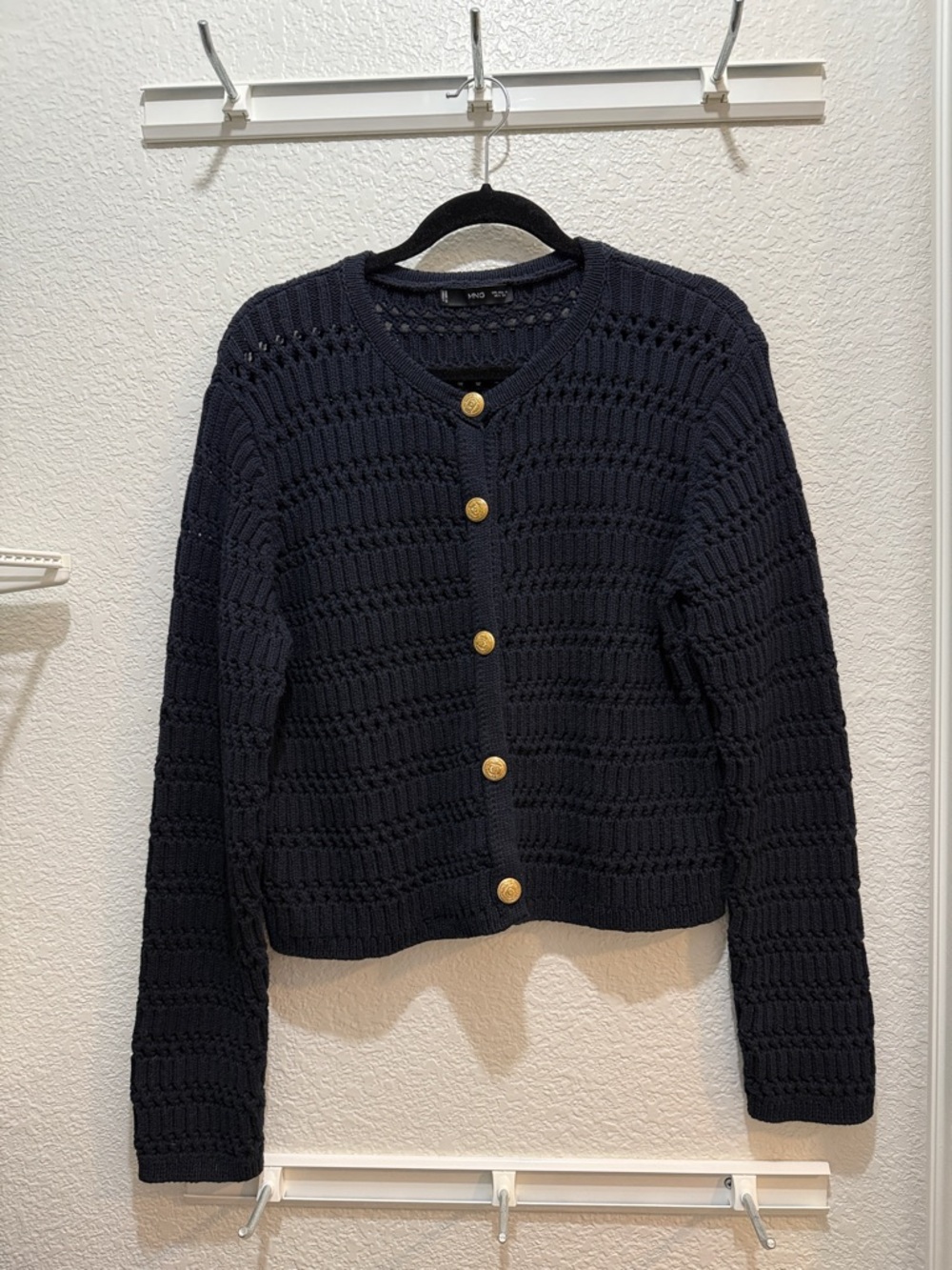 Mango Navy Cropped Open-Knit Cardigan with Gold Buttons